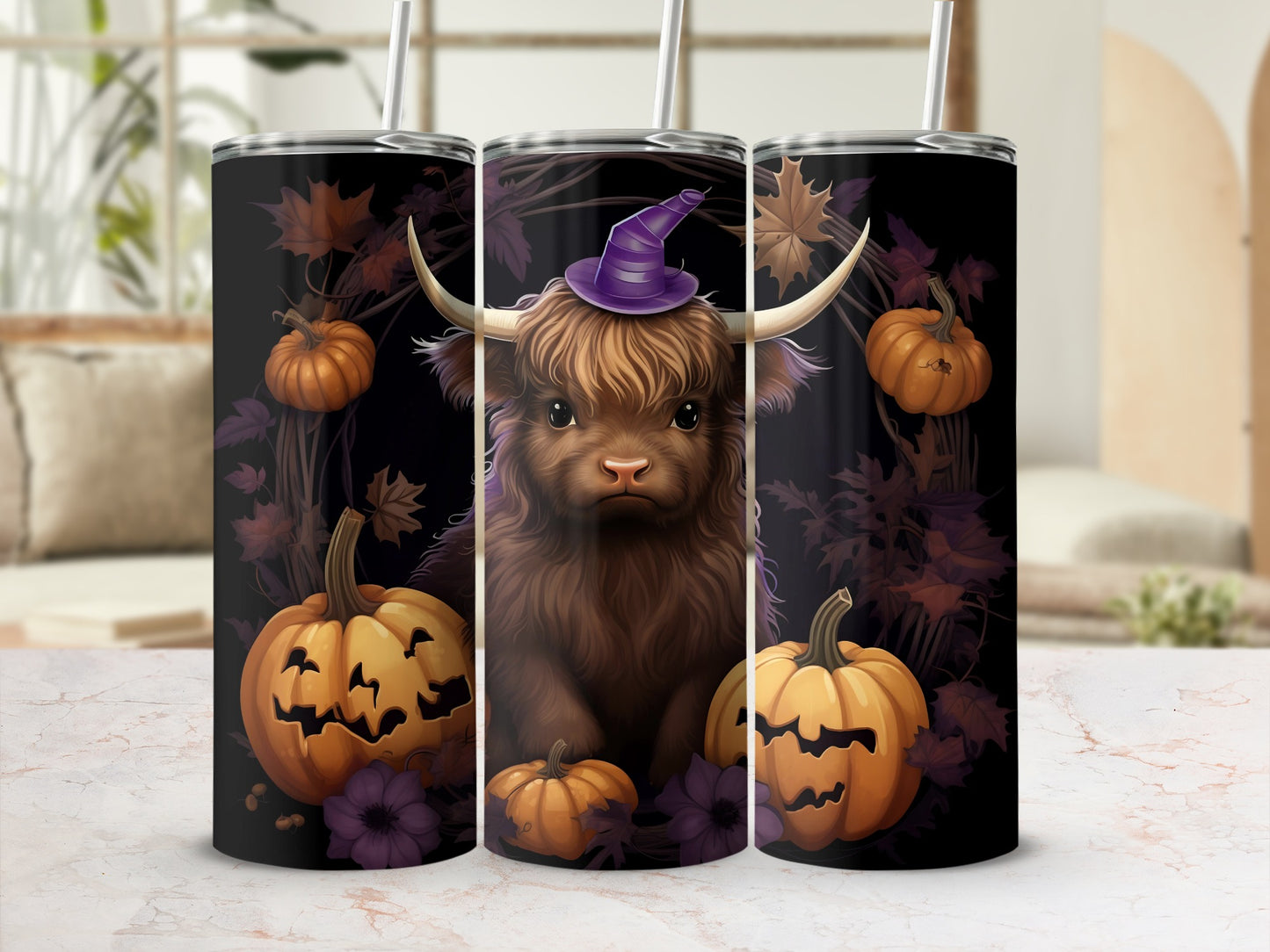 Highland Cow Halloween Pumpkin Design Tumbler