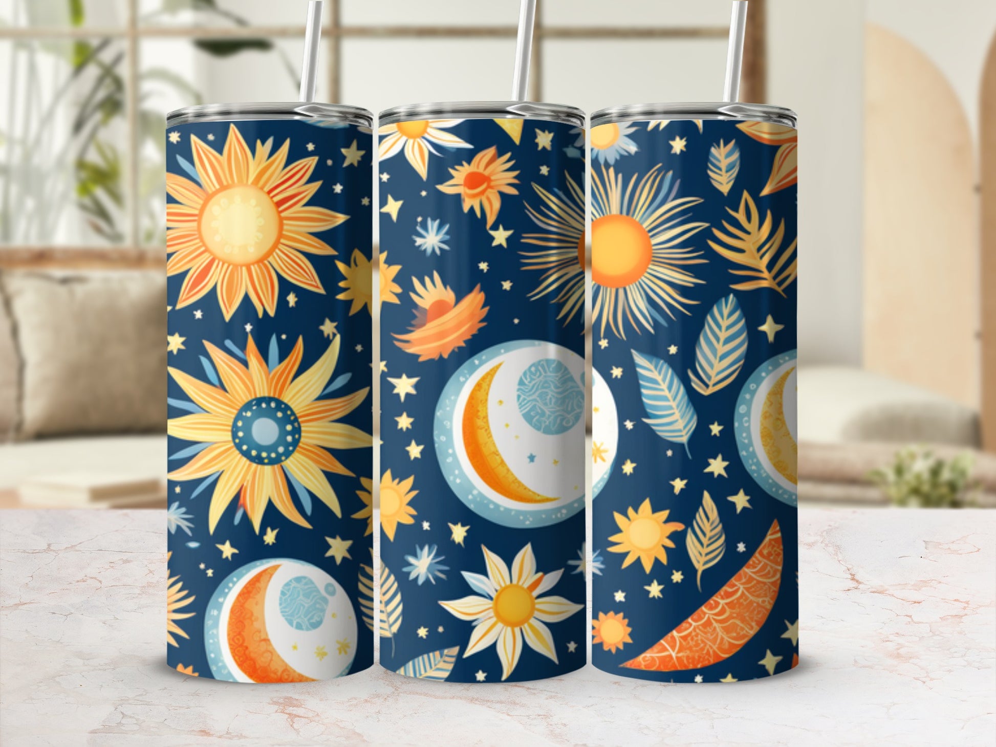 Sun and moon themed tumblers with celestial floral designs.