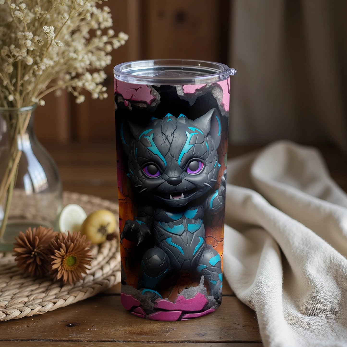 Cute Panther Tumbler Cup with Purple and Pink Accents