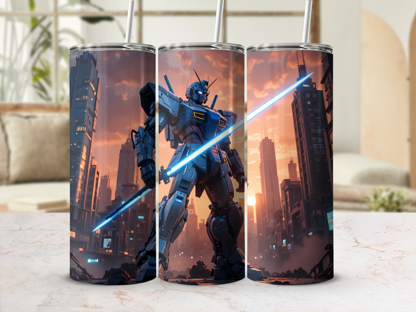 Robot Warrior with Sword in City Design Tumbler