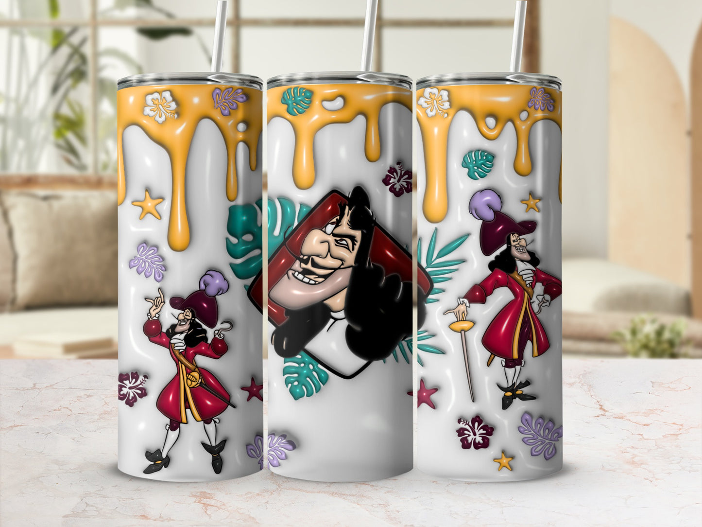 Captain Hook in red coat, purple hat, and black boots, with floral accents.