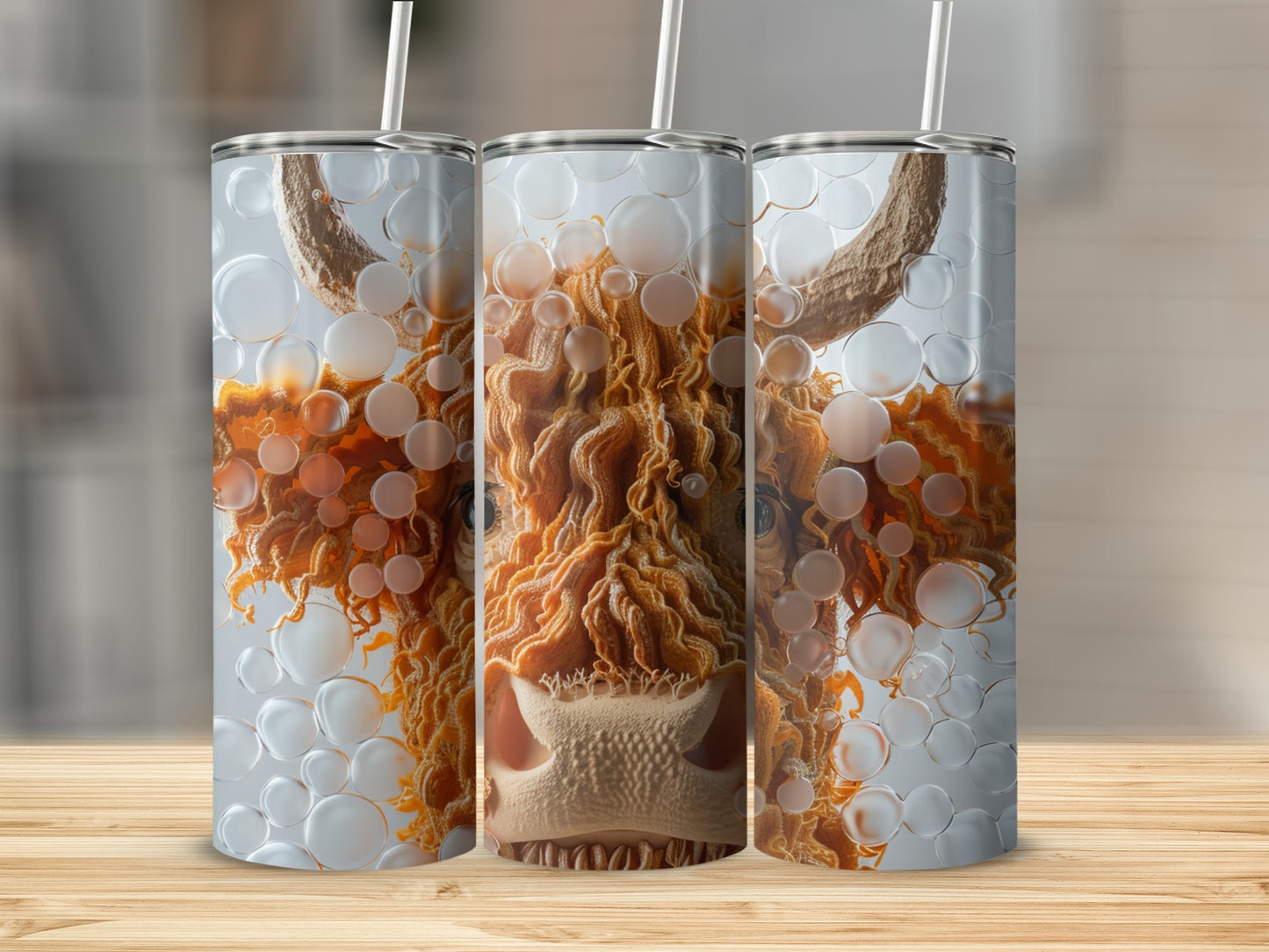 Highland cow design on three white tumblers with straws on a wooden surface.