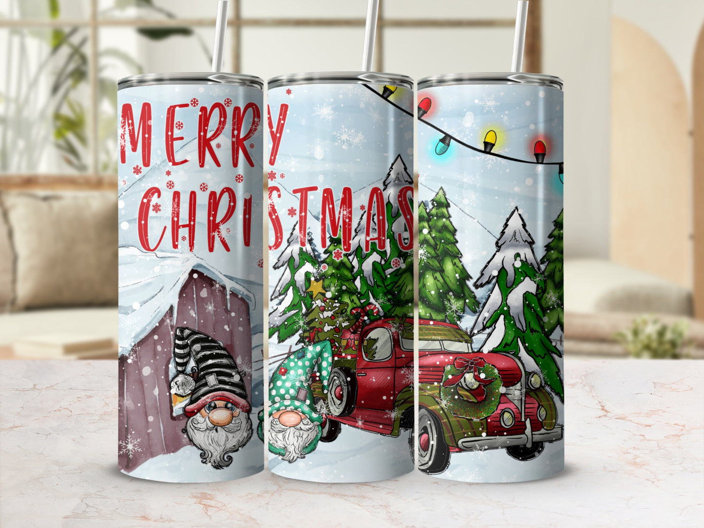 Merry Christmas tumbler with gnomes, red truck, and pine trees.