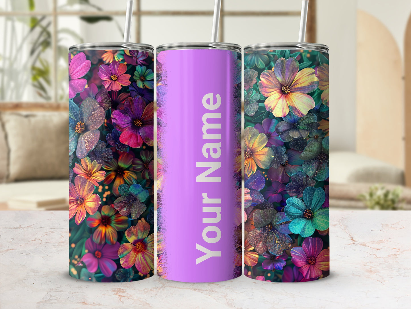 Personalized Floral Design Tumbler with Custom Name Option