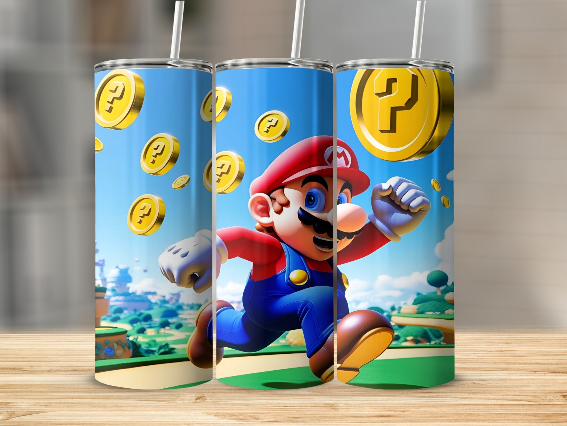 Mario running and jumping with coins and question mark blocks.