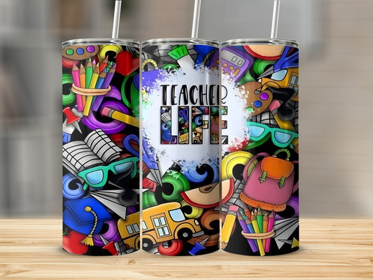 Teacher life tumbler with colorful school supplies and a yellow bus.