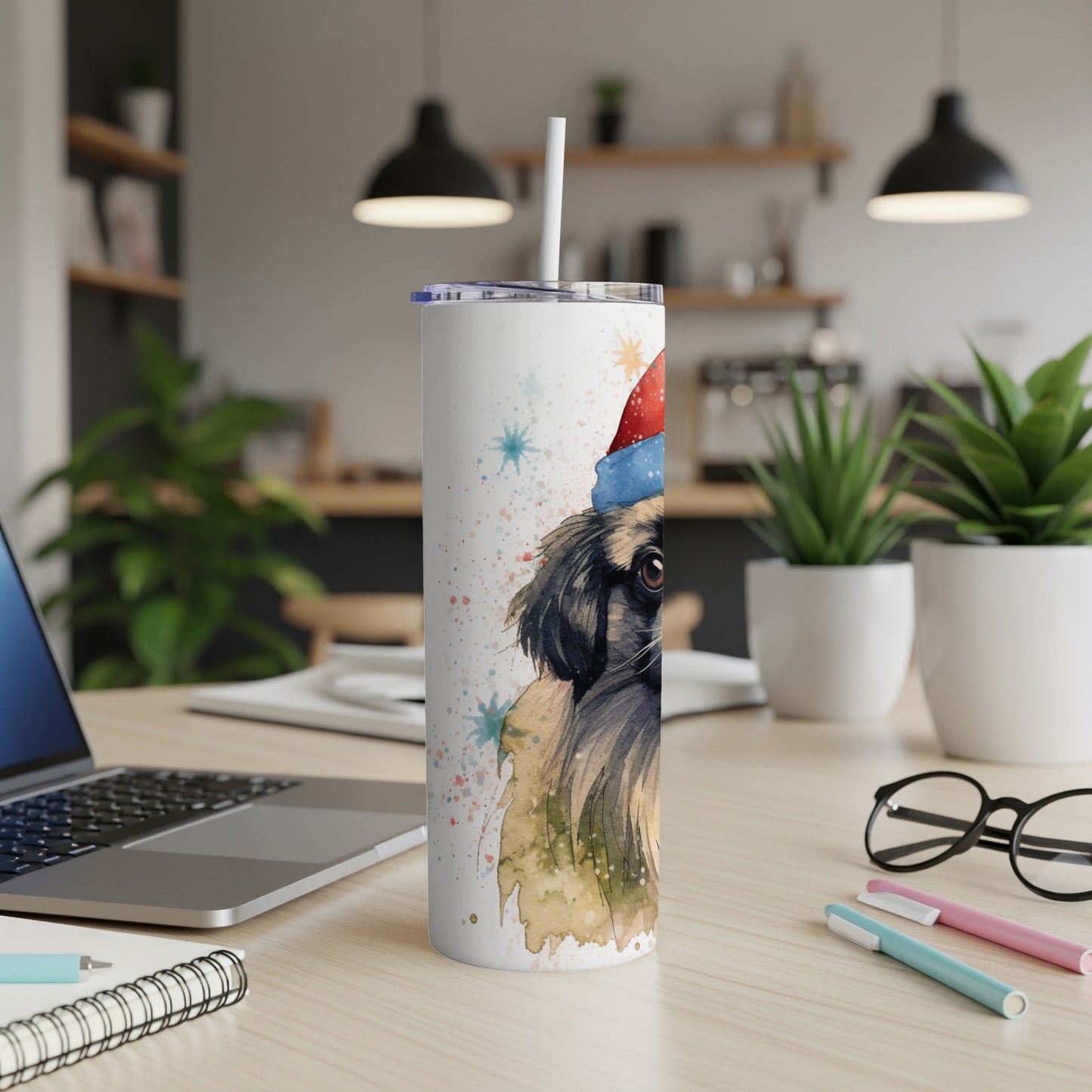 Watercolor painting of a dog wearing a Santa hat on a travel tumbler.
