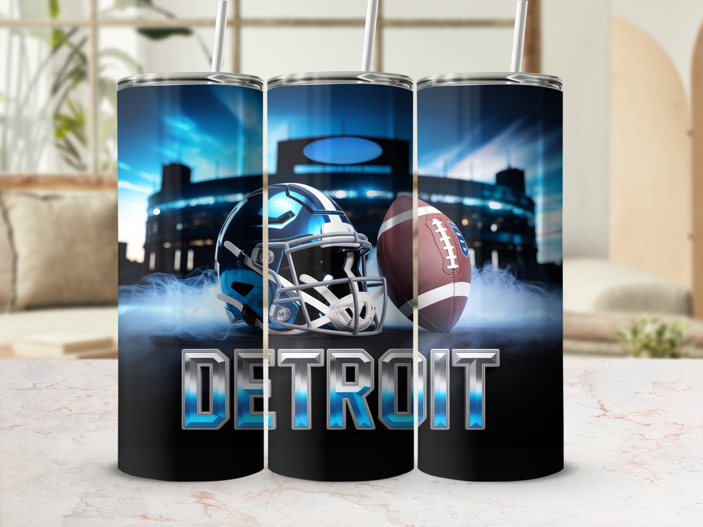 Tumbler with Detroit football helmet, football, stadium, and smoke.