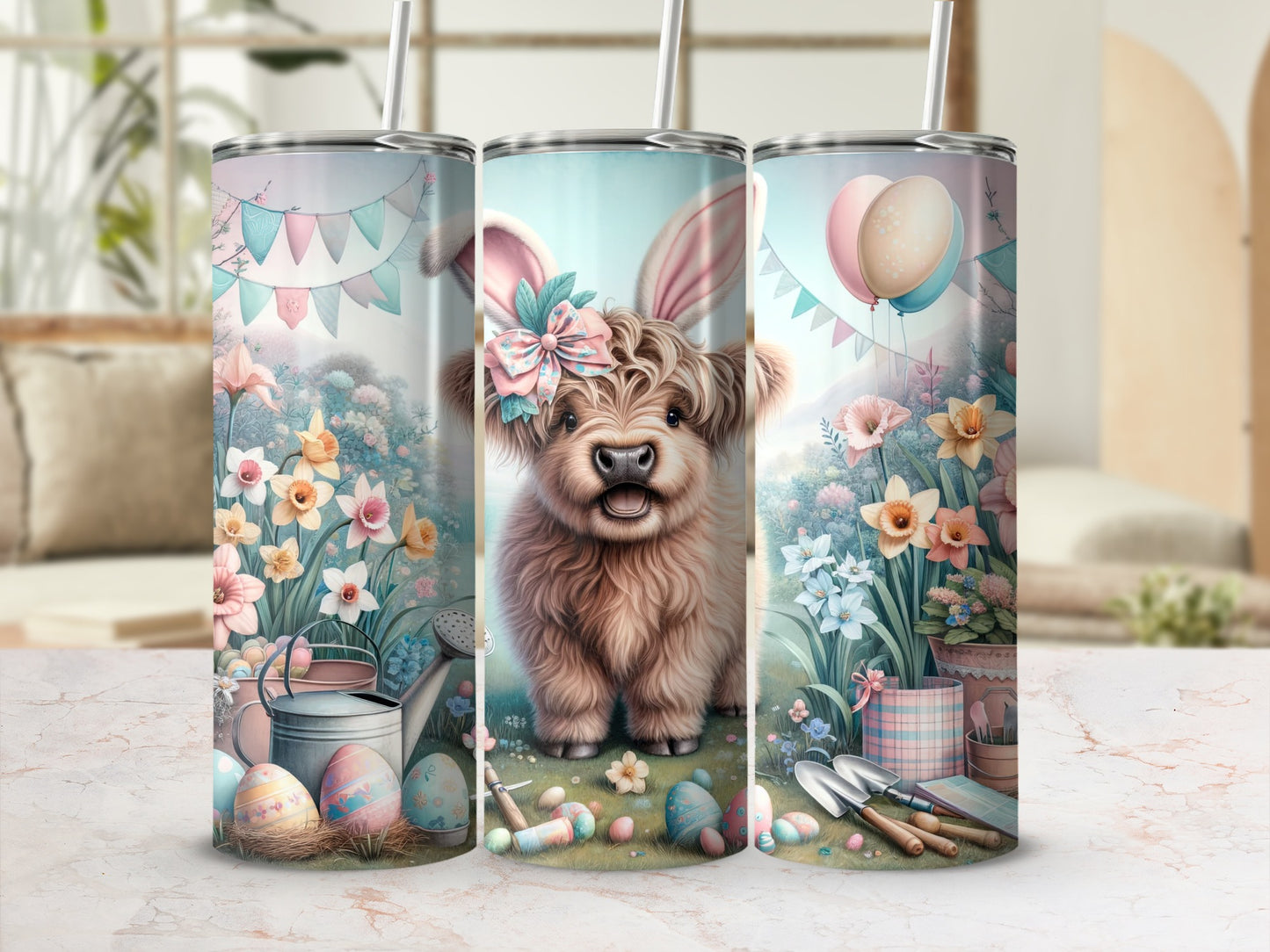 Easter Highland cow with bunny ears, colorful eggs, and floral background.