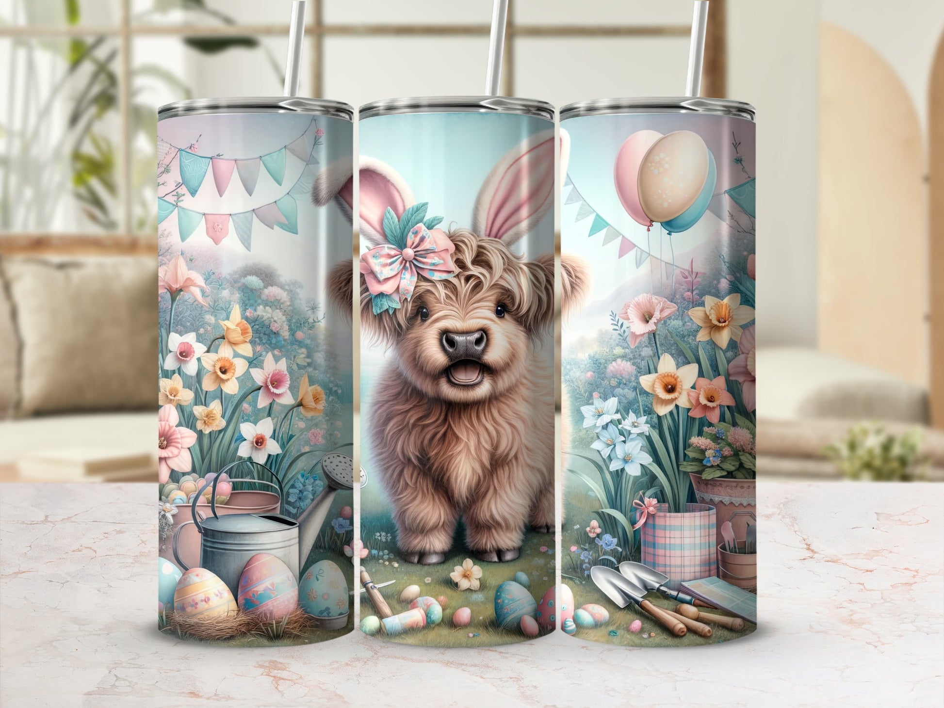 Easter Highland cow with bunny ears, colorful eggs, and floral background.