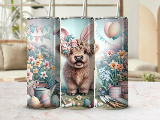 Easter Highland cow with bunny ears, colorful eggs, and floral background.