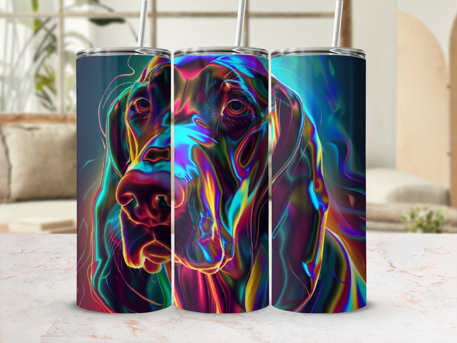 Colorful abstract dog portrait on a insulated tumbler.