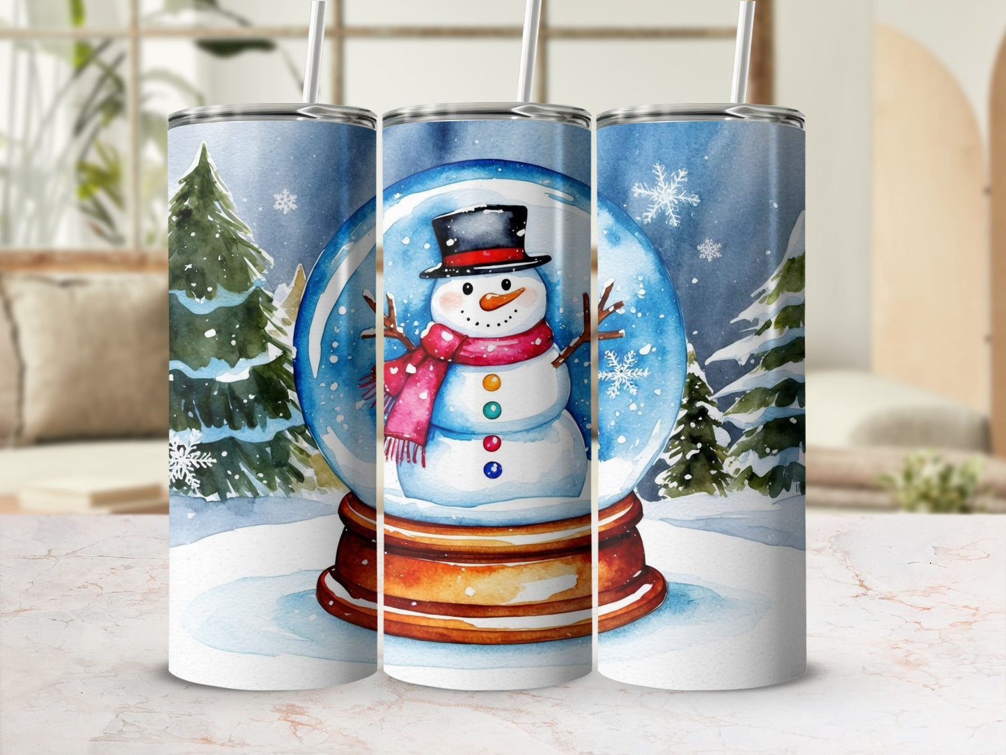 Snow globe with snowman, trees, and snowflakes, on a marble surface.