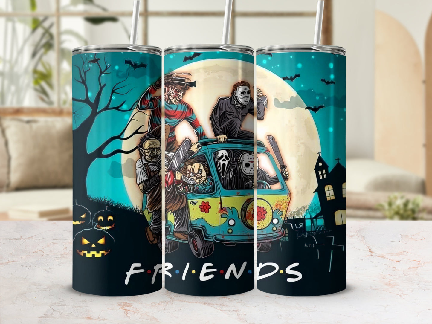 Horror movie characters and jack-o-lanterns with "Friends" text.