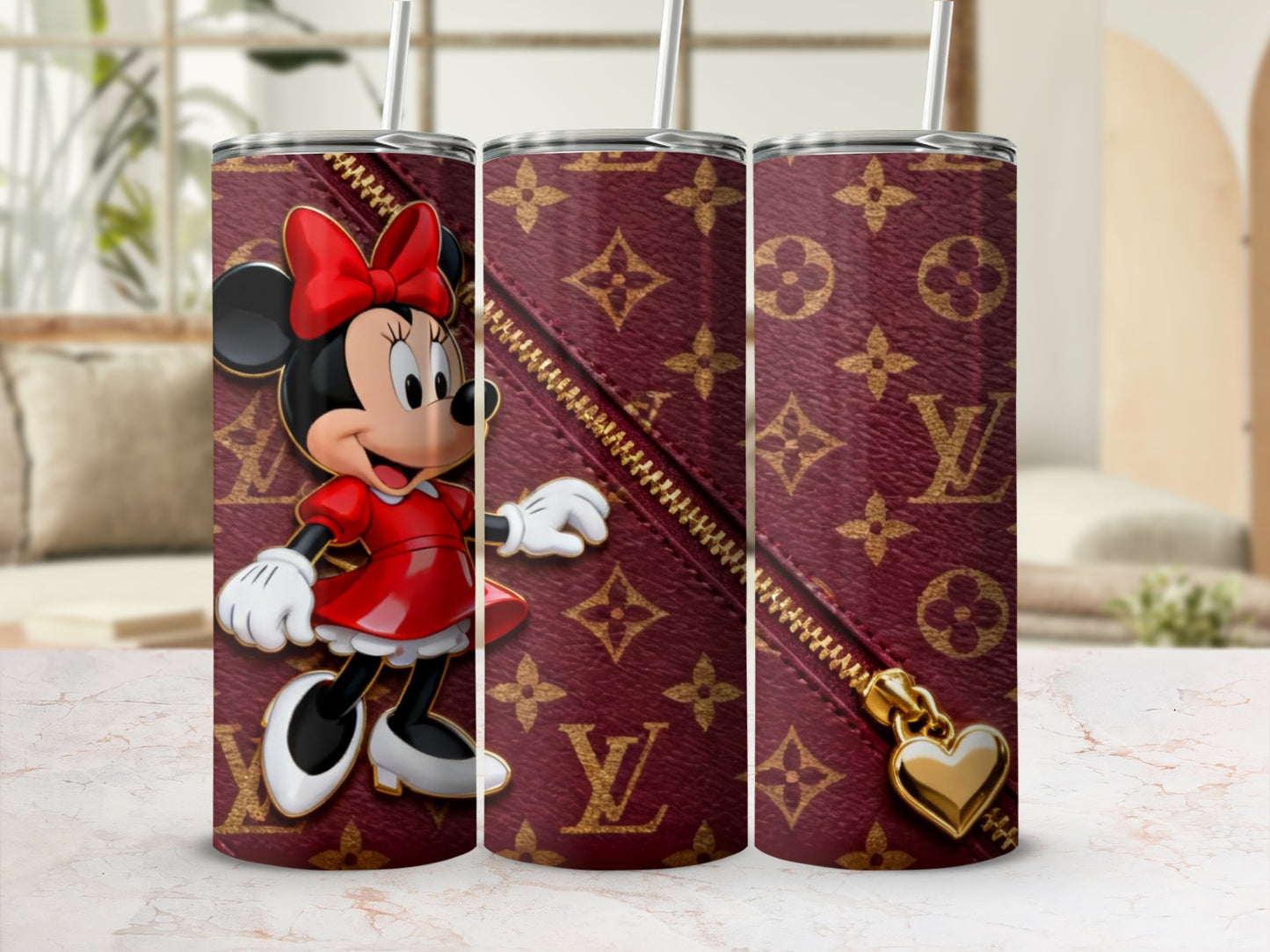 Minnie Mouse with Louis Vuitton inspired monogram on a tumbler.