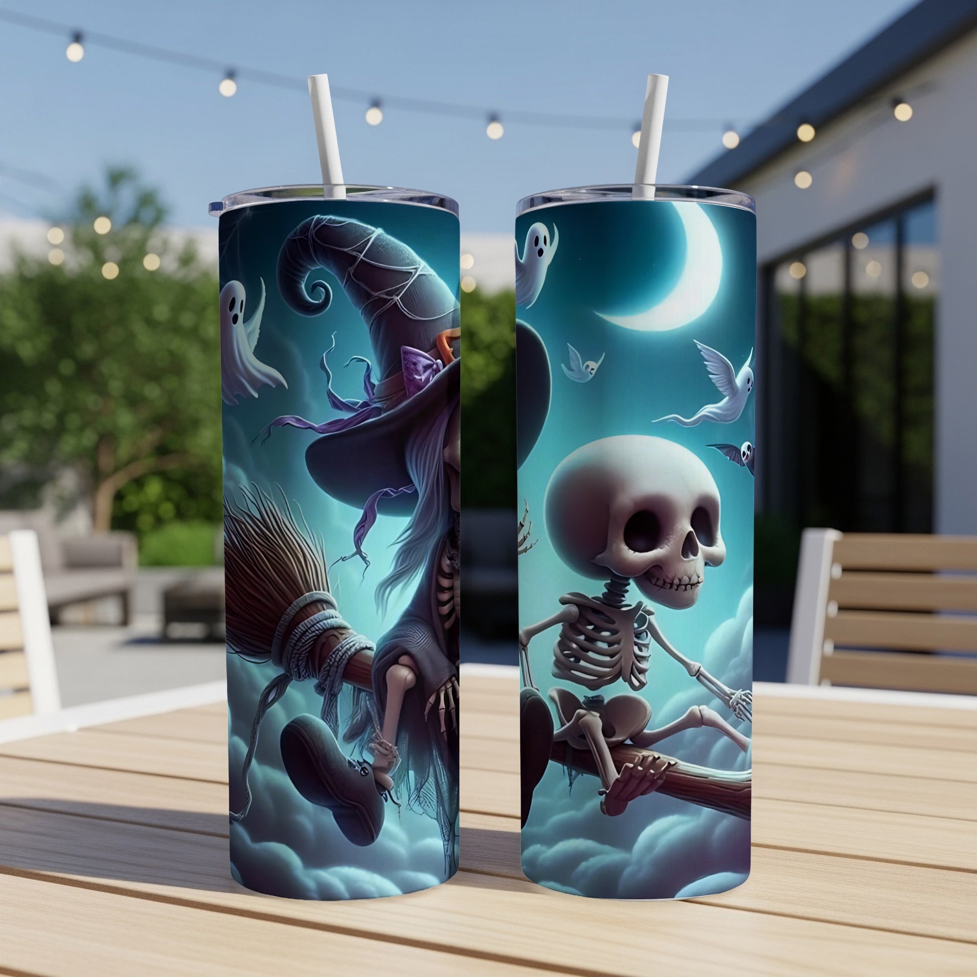 Tumblers with witch and skeleton Halloween designs and ghosts floating near moon.