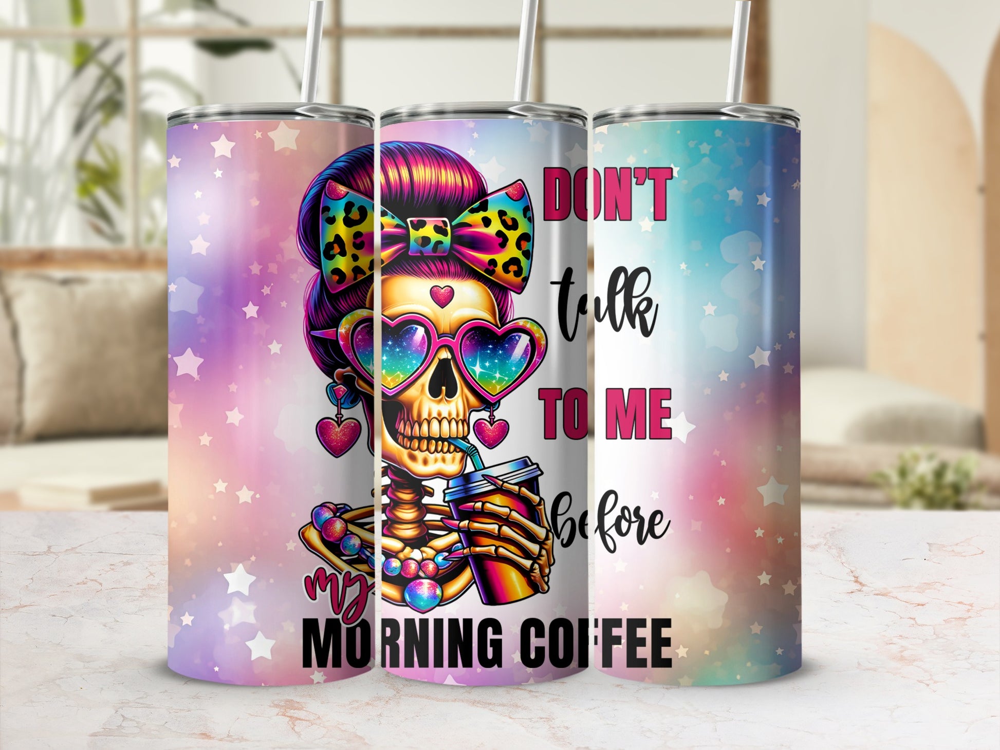 Skeleton wearing sunglasses and a bow drinks coffee, "Don't talk to me before my morning coffee."