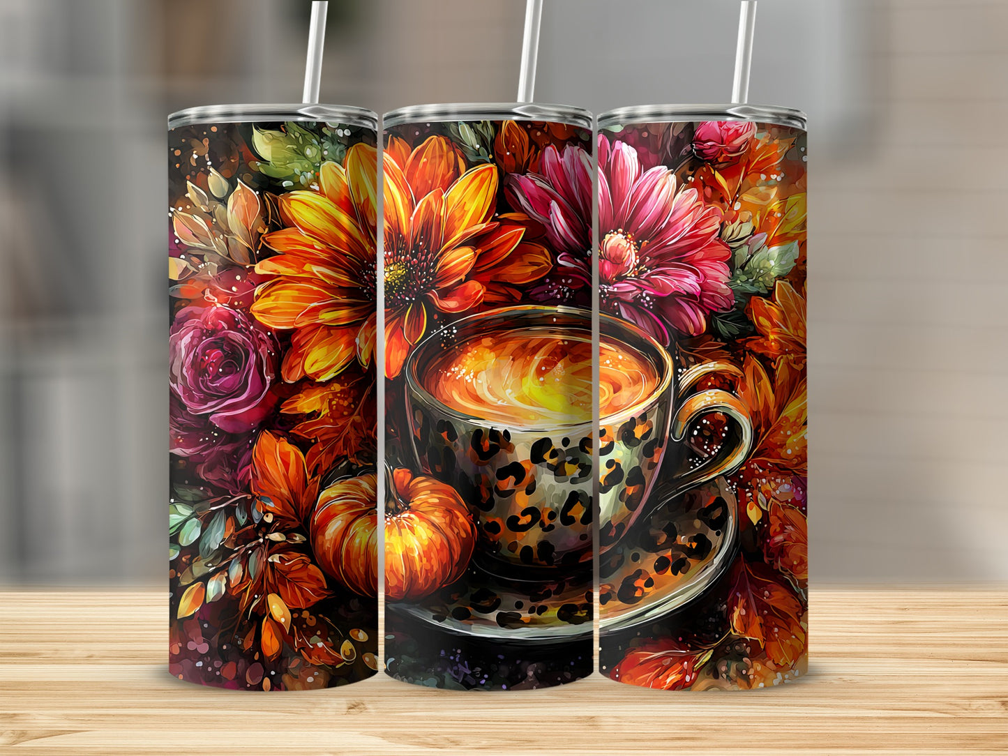 Floral Pumpkin Leopard Cup Tumbler Coffee Art دف المنتج