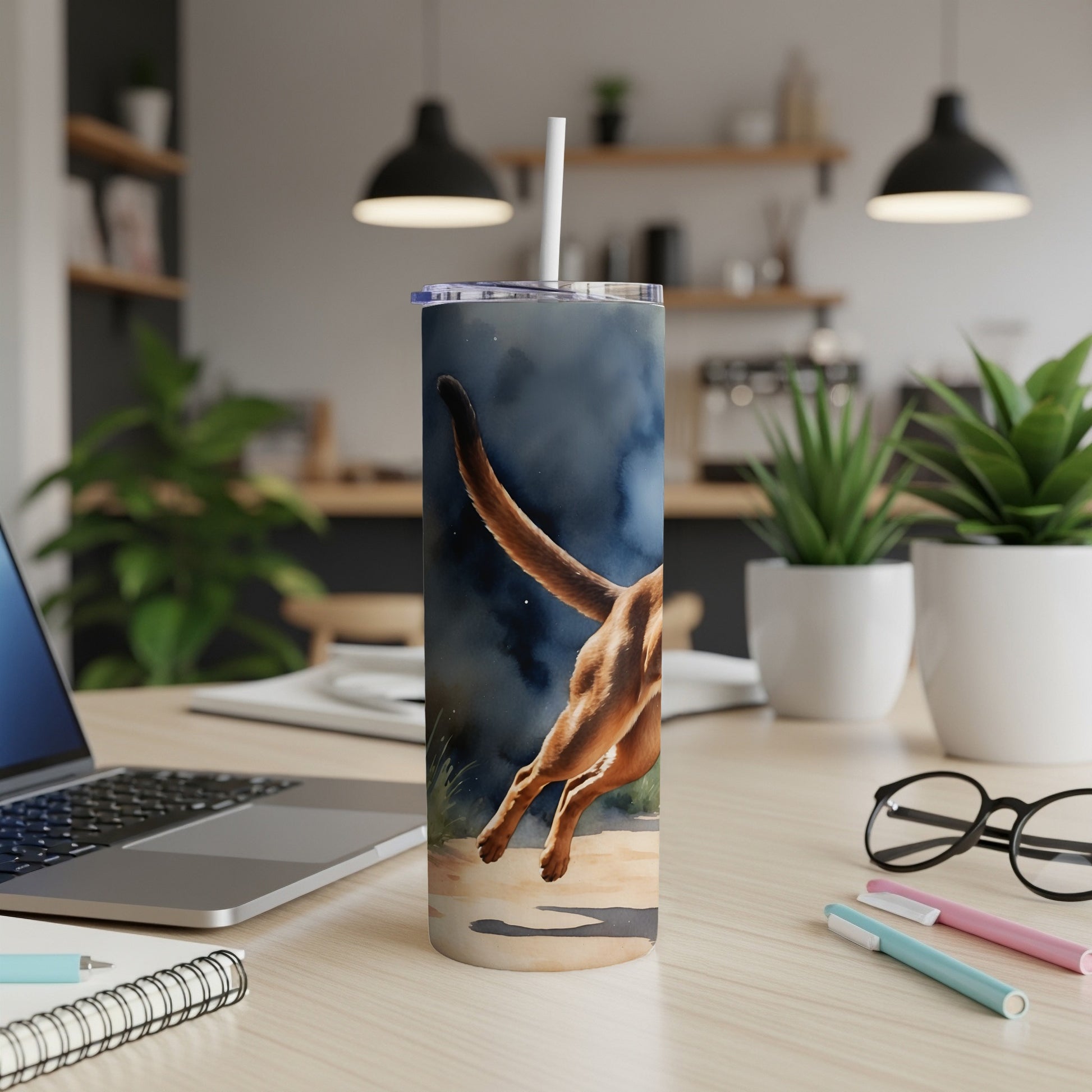 Dog's tail and hindquarters on a tumbler with a night sky background.