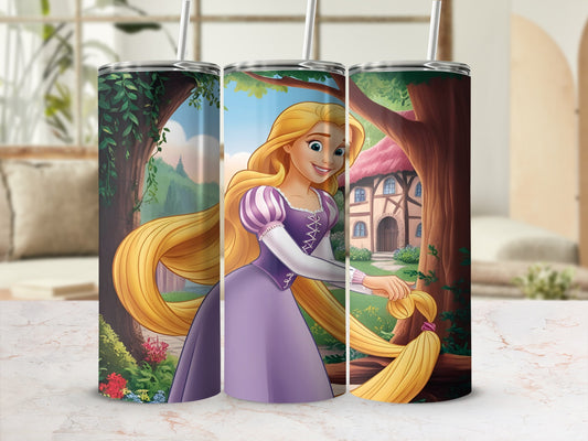 Rapunzel in a purple dress with long blonde hair, in a forest setting.