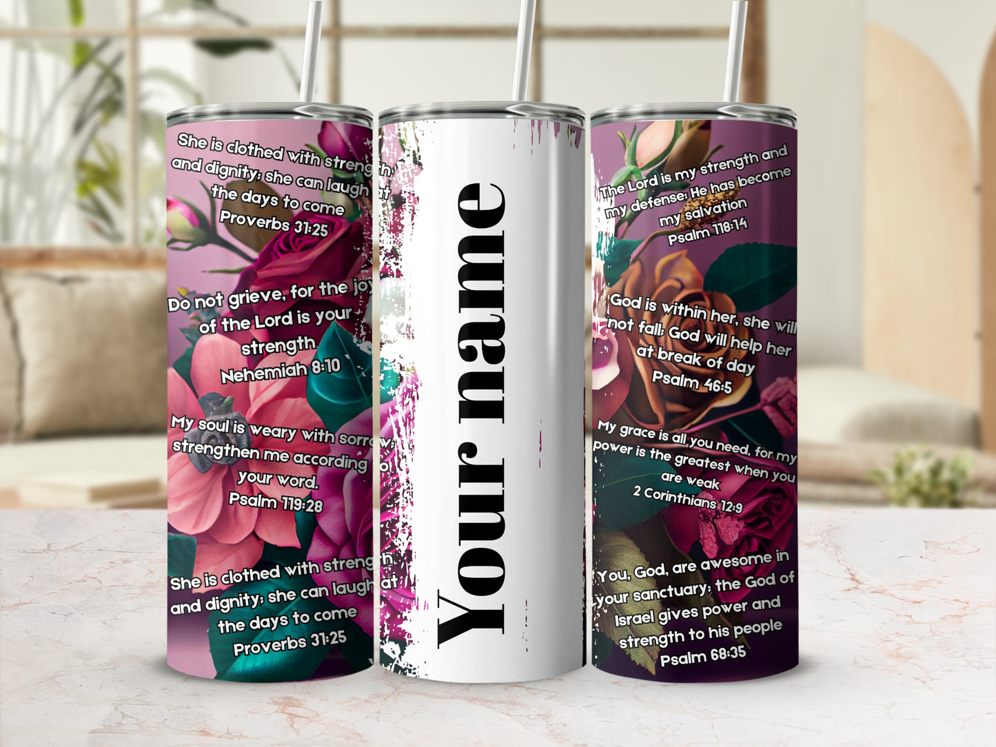 Personalized Christian Scripture Floral Tumbler Cup