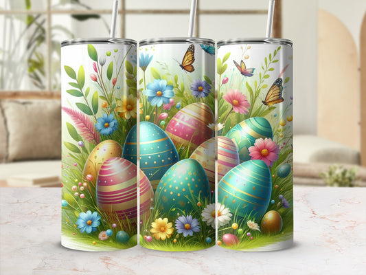 Easter eggs with floral designs and butterflies on a blurred background.
