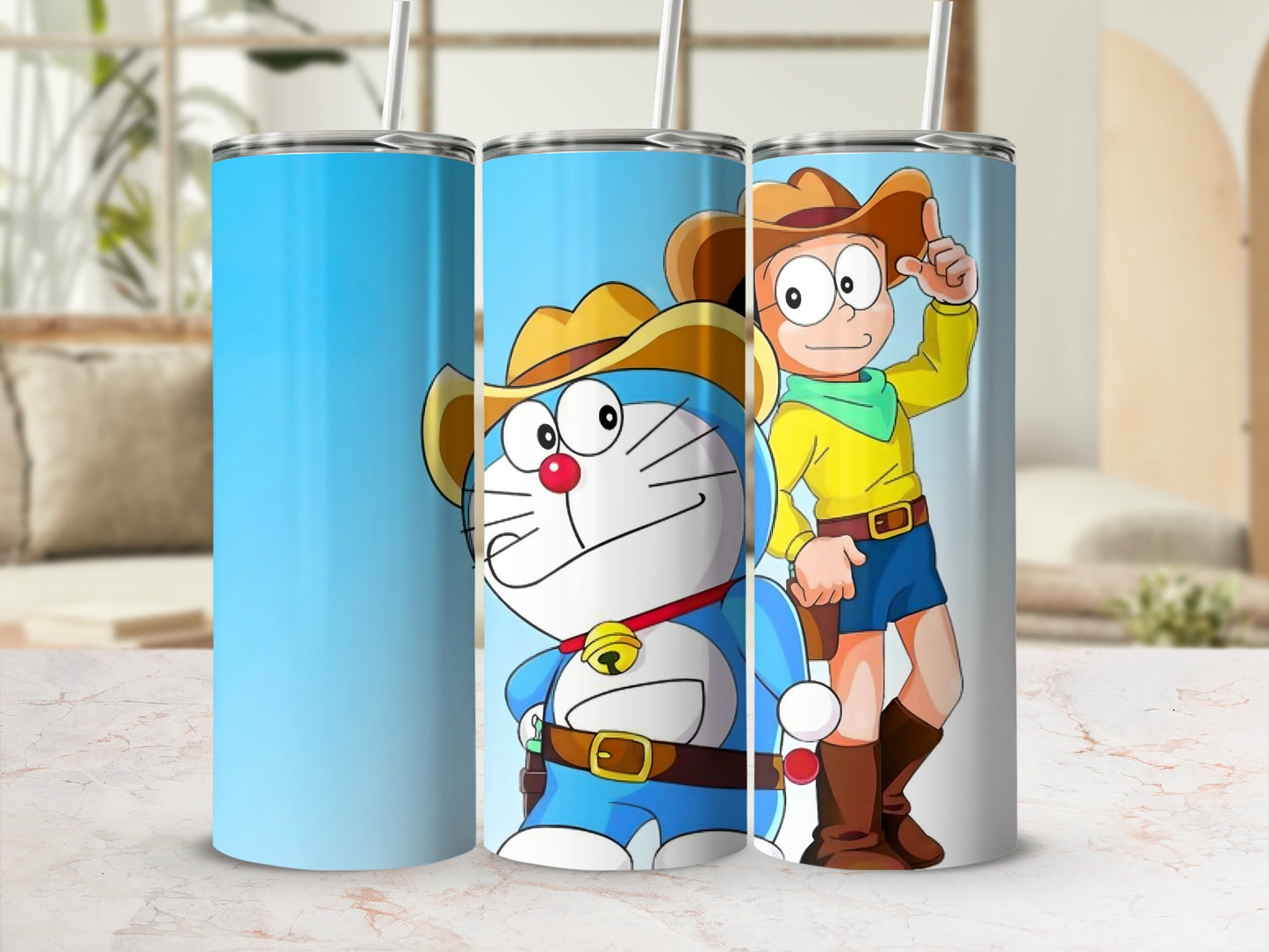 Cowboy Characters Blue Cartoon Insulated Tumbler Cup