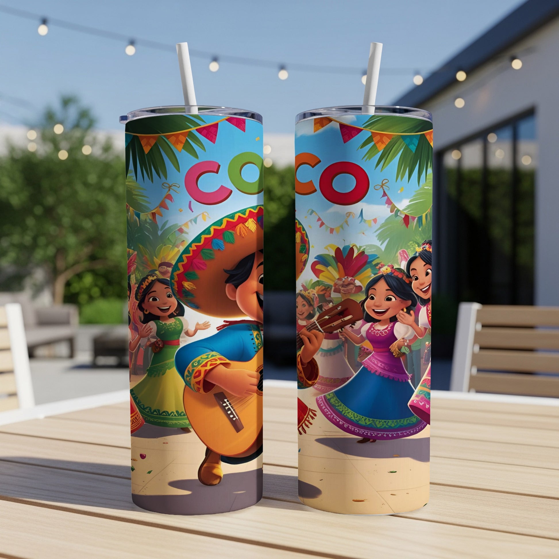 Two tall tumblers with vibrant "Coco" movie characters and festive Mexican Day of the Dead imagery.