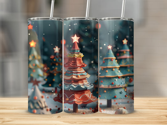 Three festive Christmas trees with stars on a snowy background.