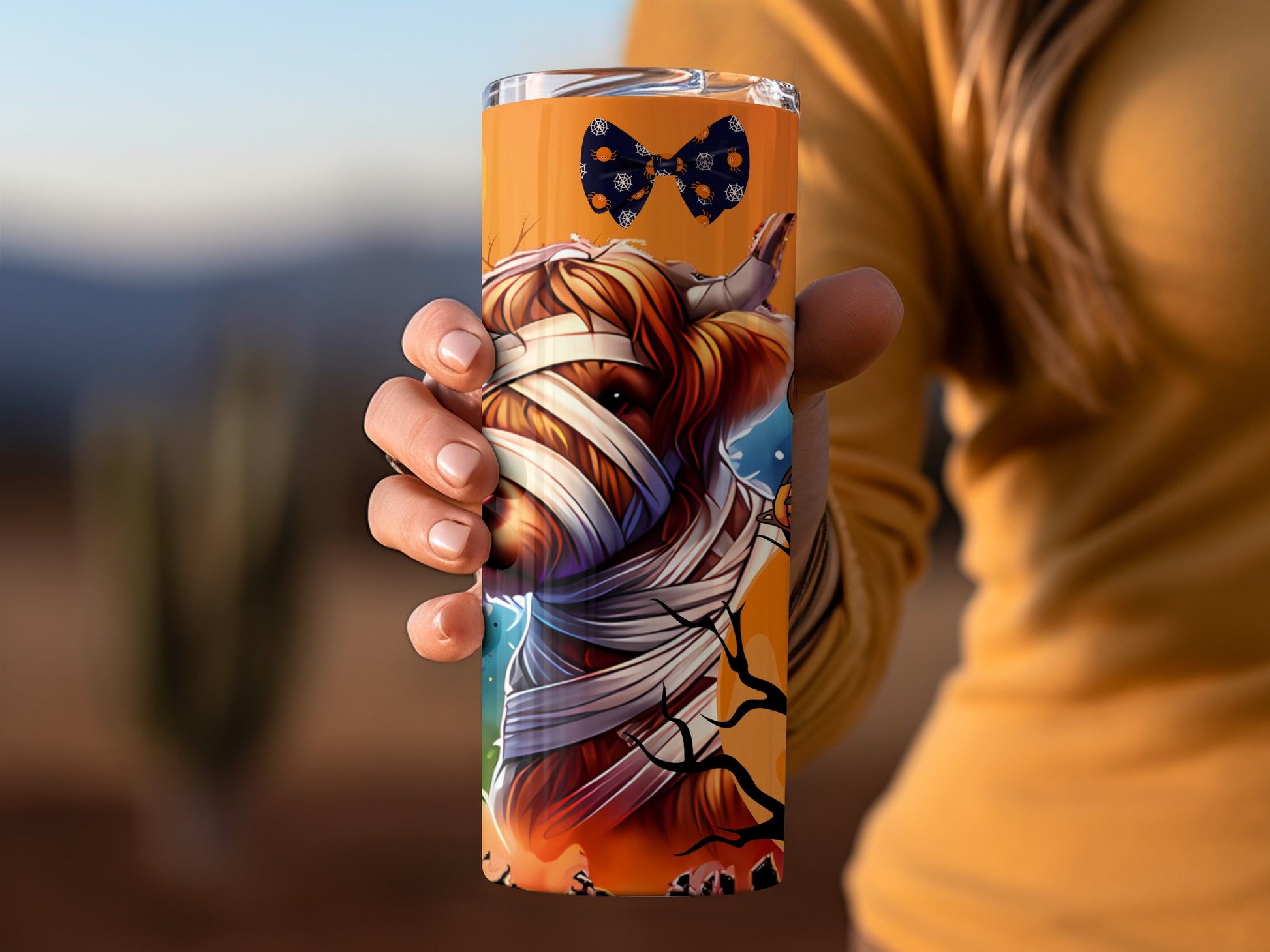 Halloween Themed Mummy Highland Cow Tumbler Design