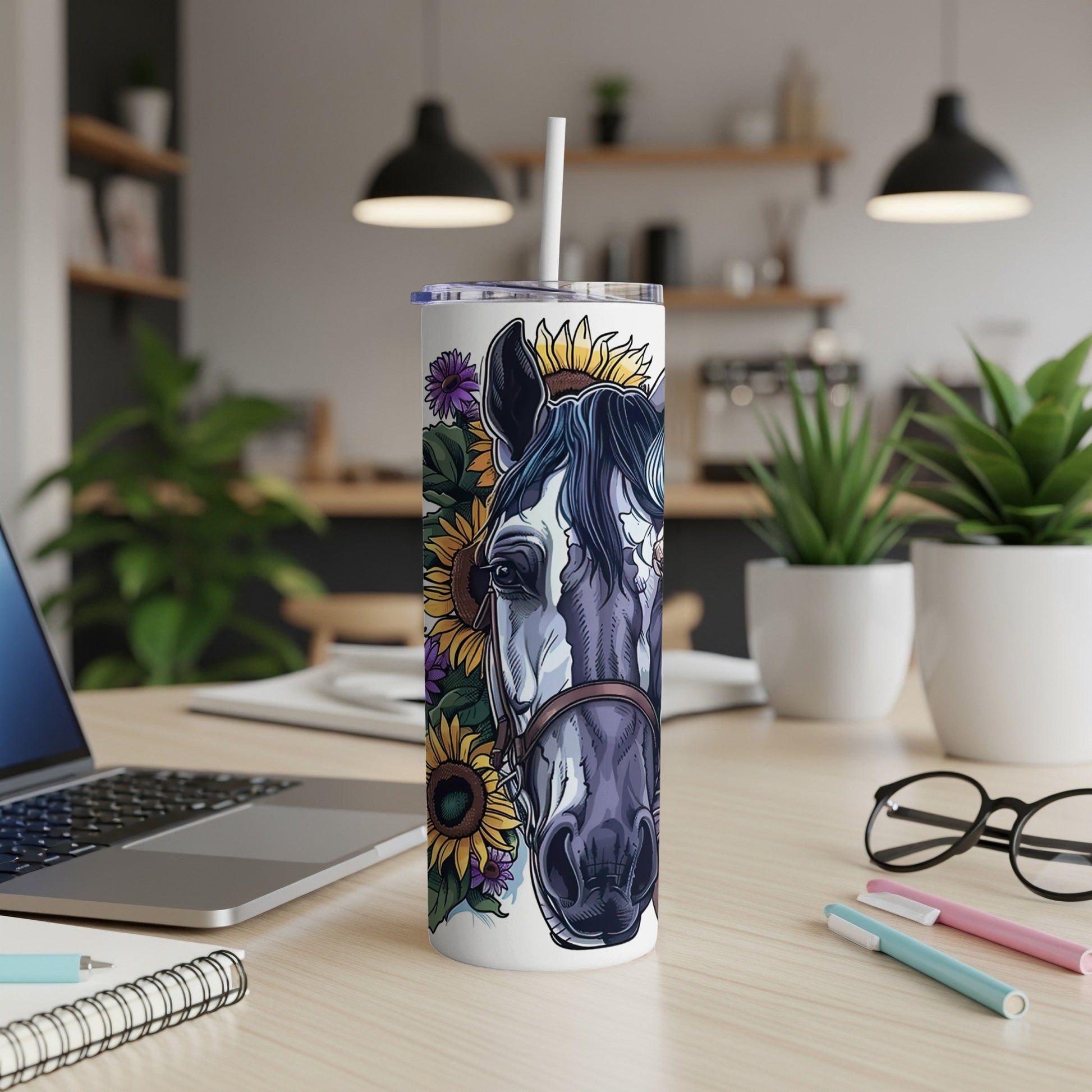 Tumbler with a horse and sunflowers design.