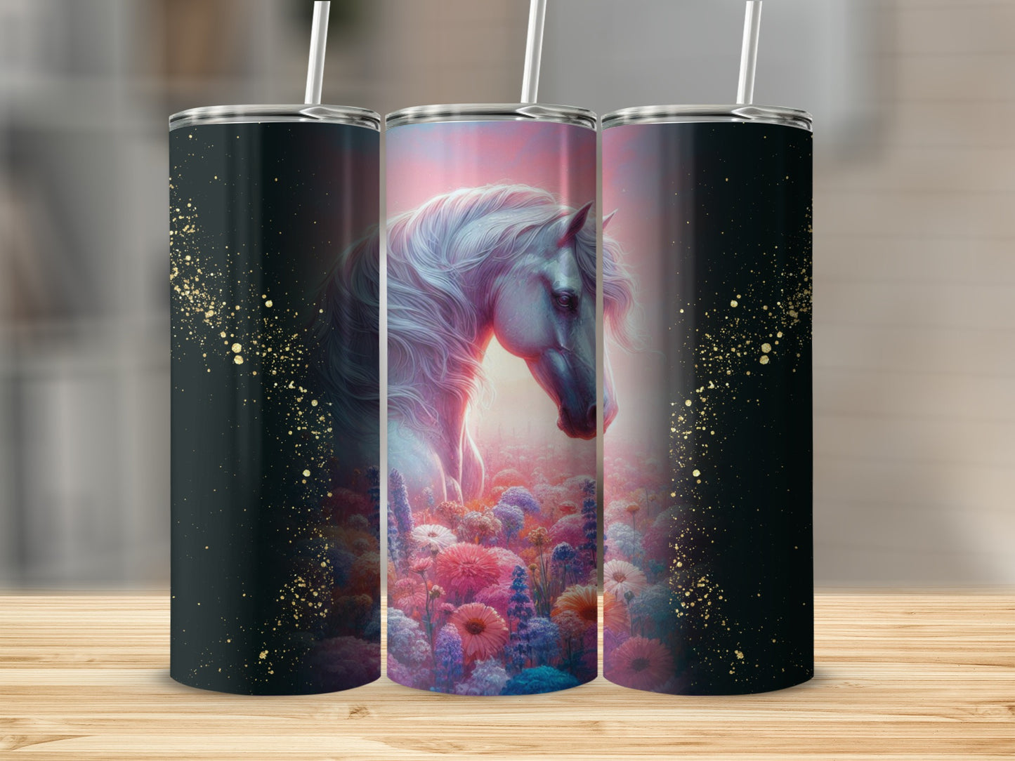 White horse with flowing mane among vibrant flowers, with gold speckles.
