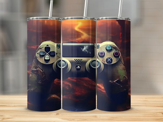 PlayStation controller with rustic, fiery background on a tumbler.