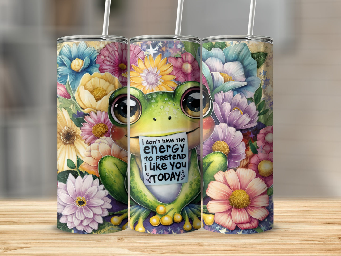 Green frog with big eyes holding a sign that says "I don't have the energy to pretend I like you today".