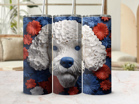 White poodle dog with blue nose and floral pattern tumbler.