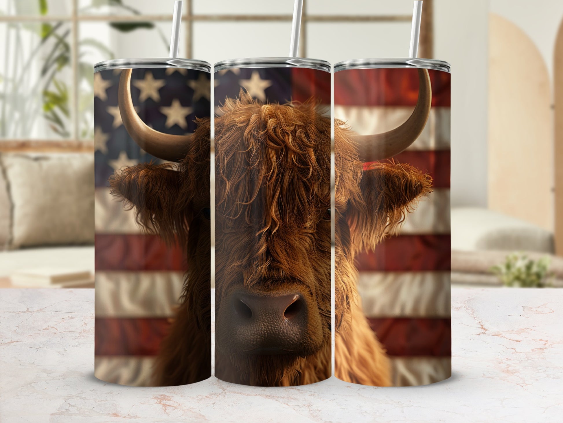 Highland cow face superimposed on American flag on three tumblers.