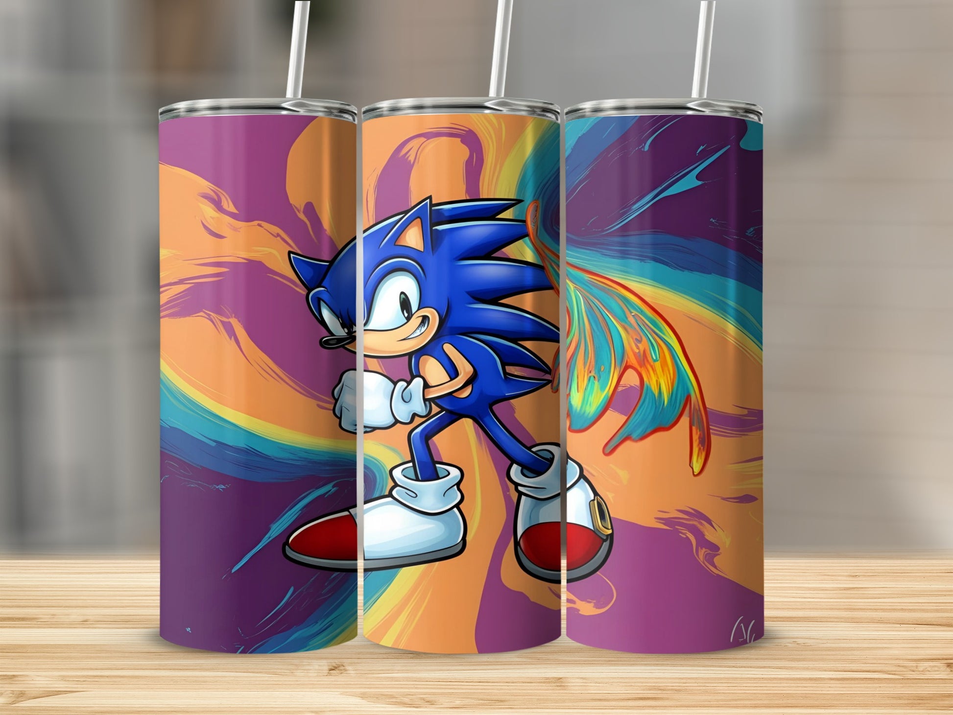 Sonic the Hedgehog running on a colorful abstract background.