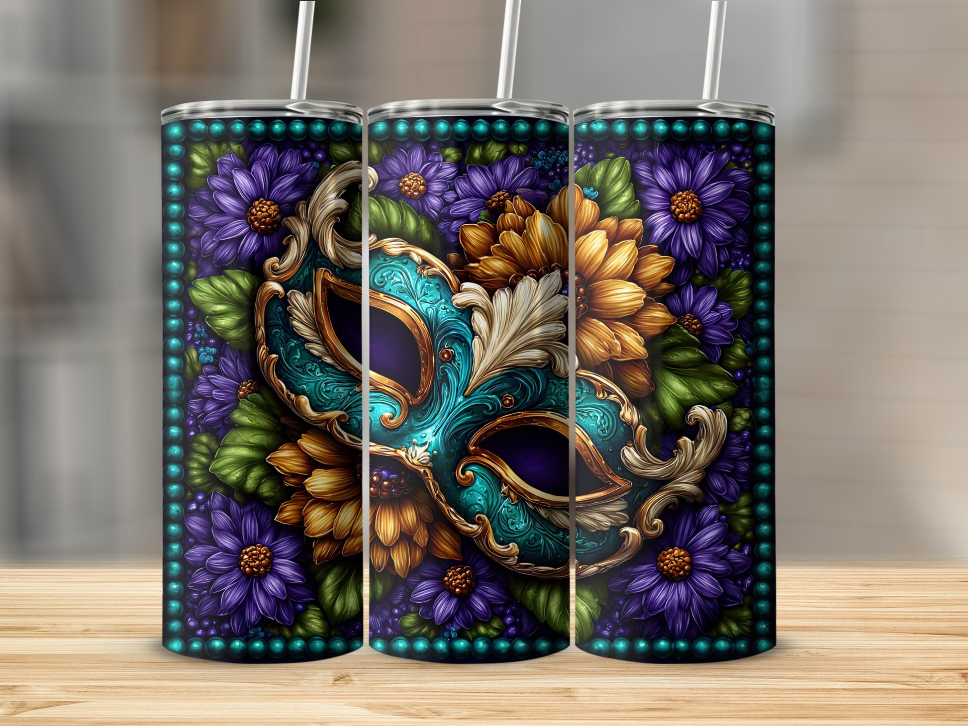 Vibrant Mask and Floral Design Tumbler for Festive Vibes