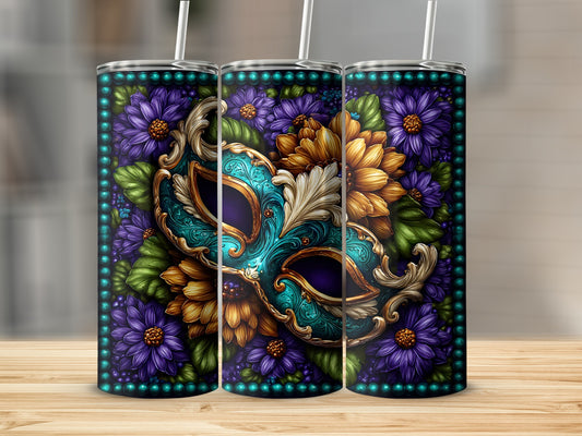 Vibrant Mask and Floral Design Tumbler for Festive Vibes