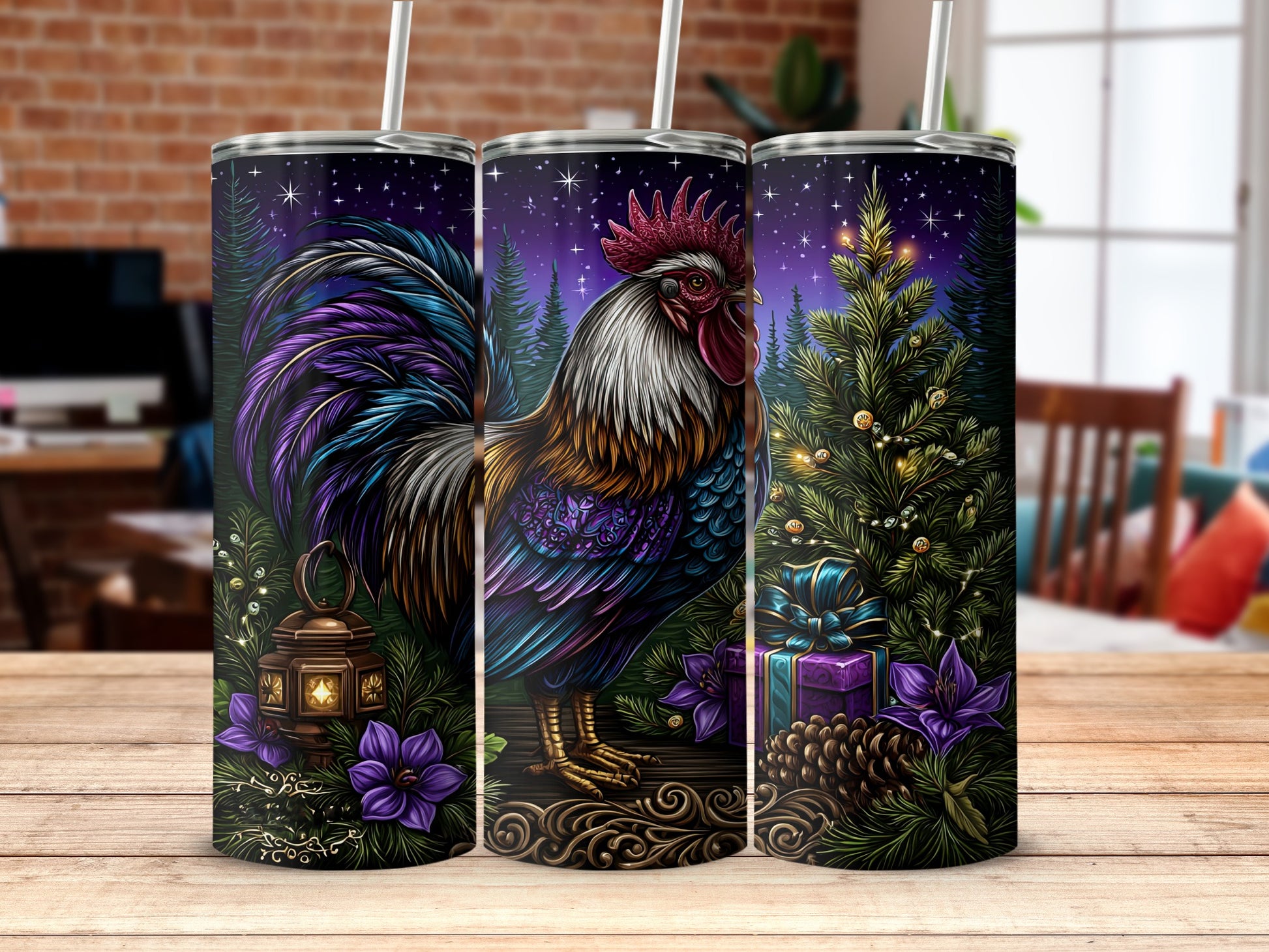 Vibrant Rooster and Christmas Tree Tumbler