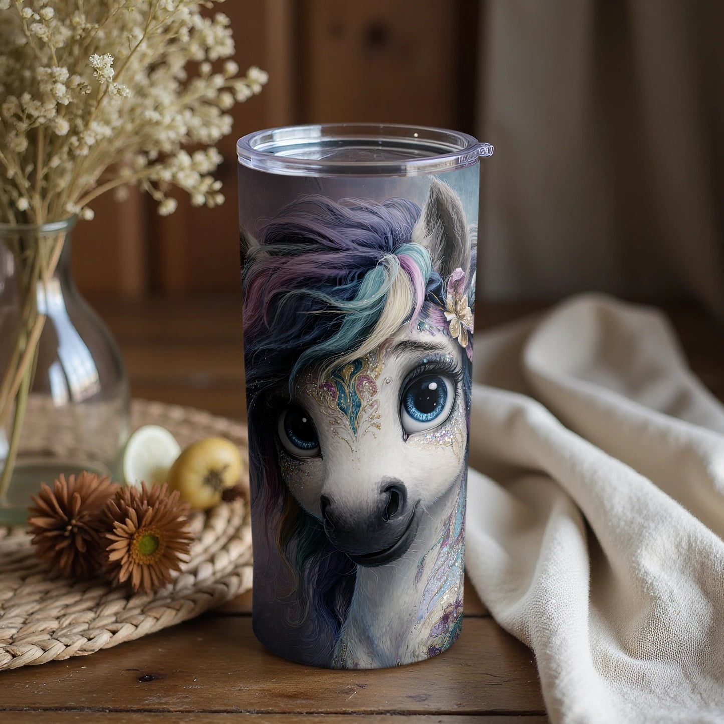 Adorable Horse Tumbler with Large Eyes and Unicorn Style