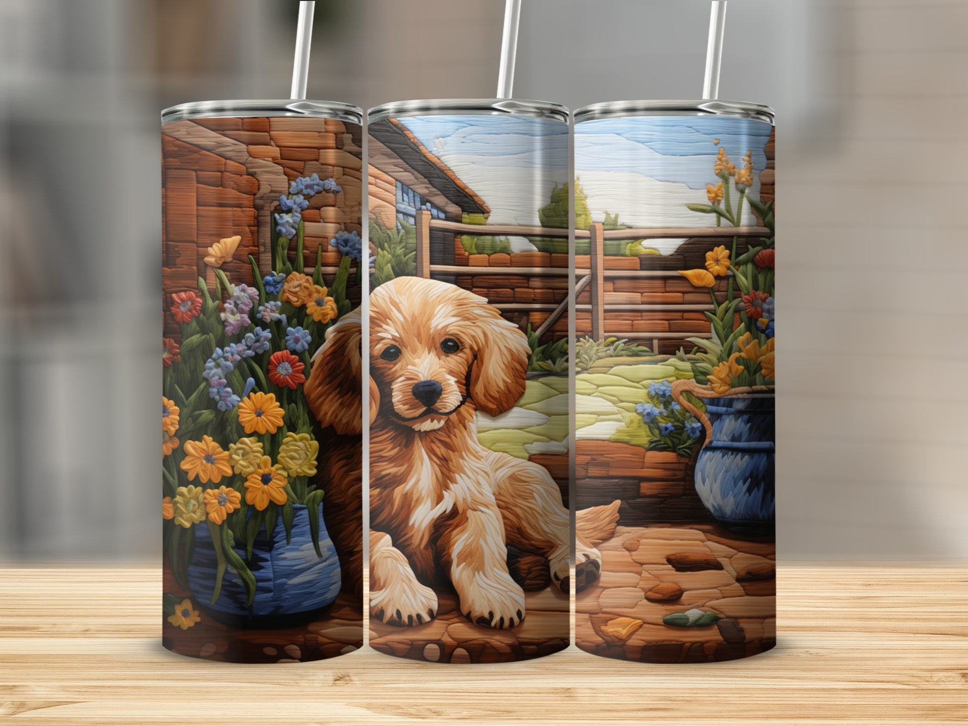 Golden retriever puppy in a garden setting on a tall tumbler.