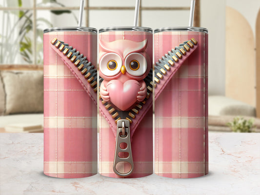 Pink plaid tumbler with a zipper and owl holding a heart.