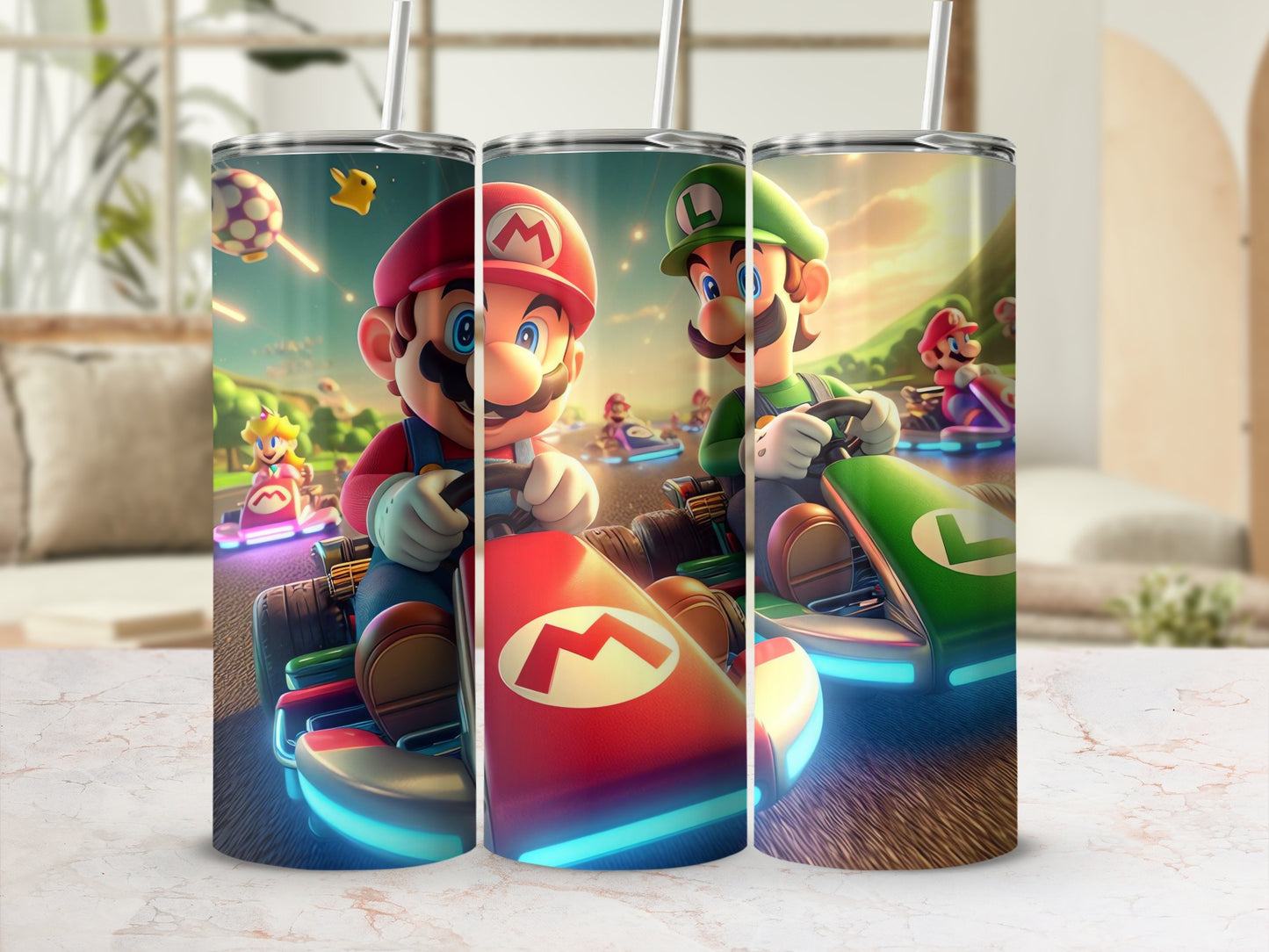 Mario and Luigi racing in karts themed tumbler set