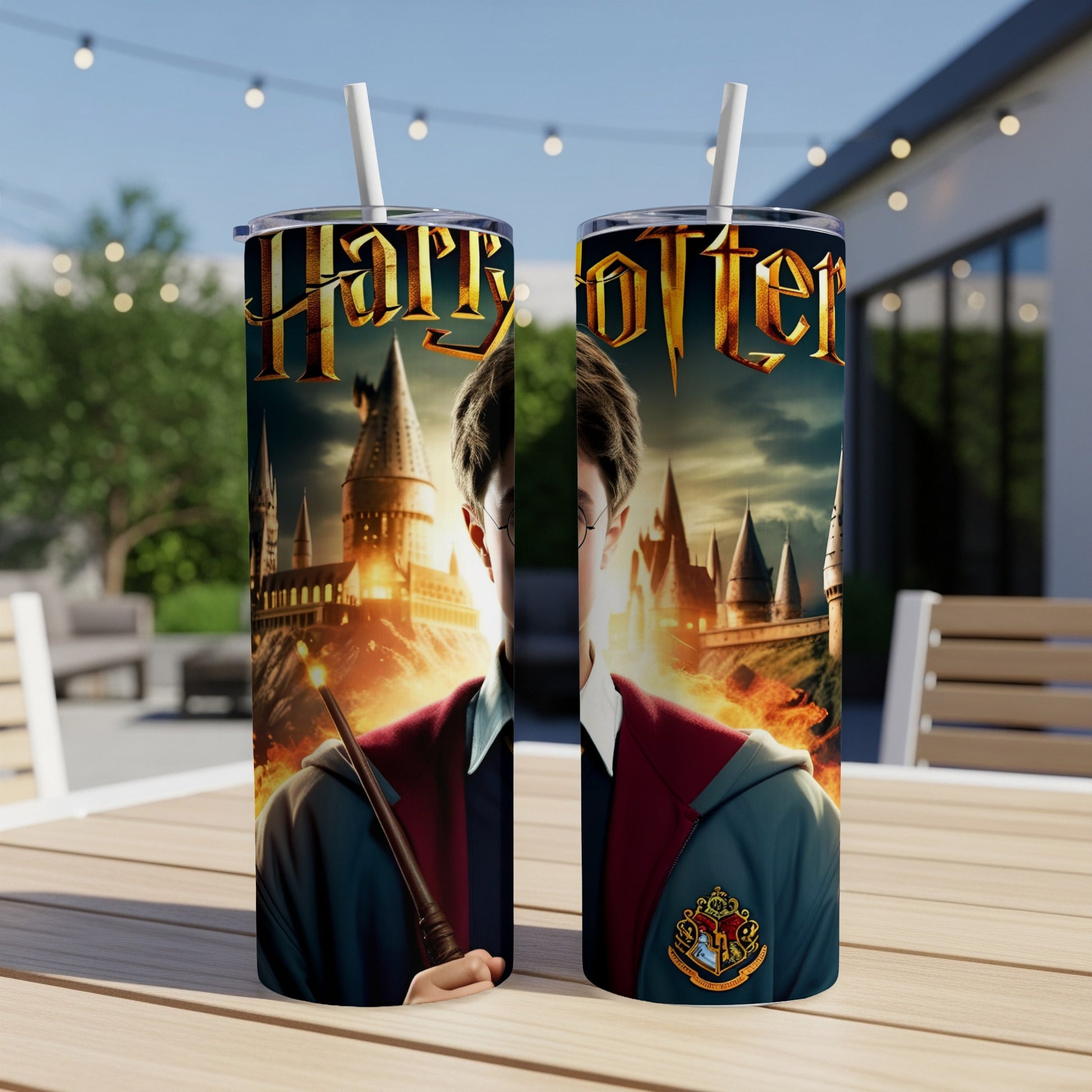 Two Harry Potter tumblers with Hogwarts castle and wizarding school crest.