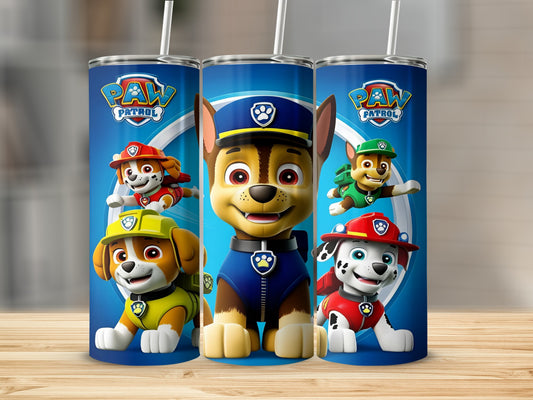 Paw Patrol characters Chase, Marshall, and Rubble on blue tumblers.