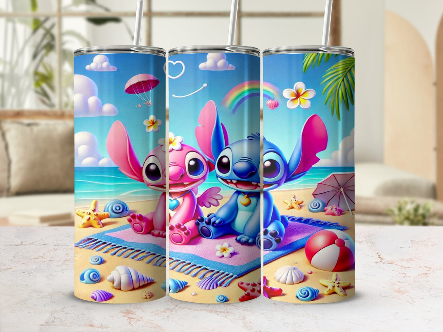 Cute Beach Scene Character Insulated Tumbler Set
