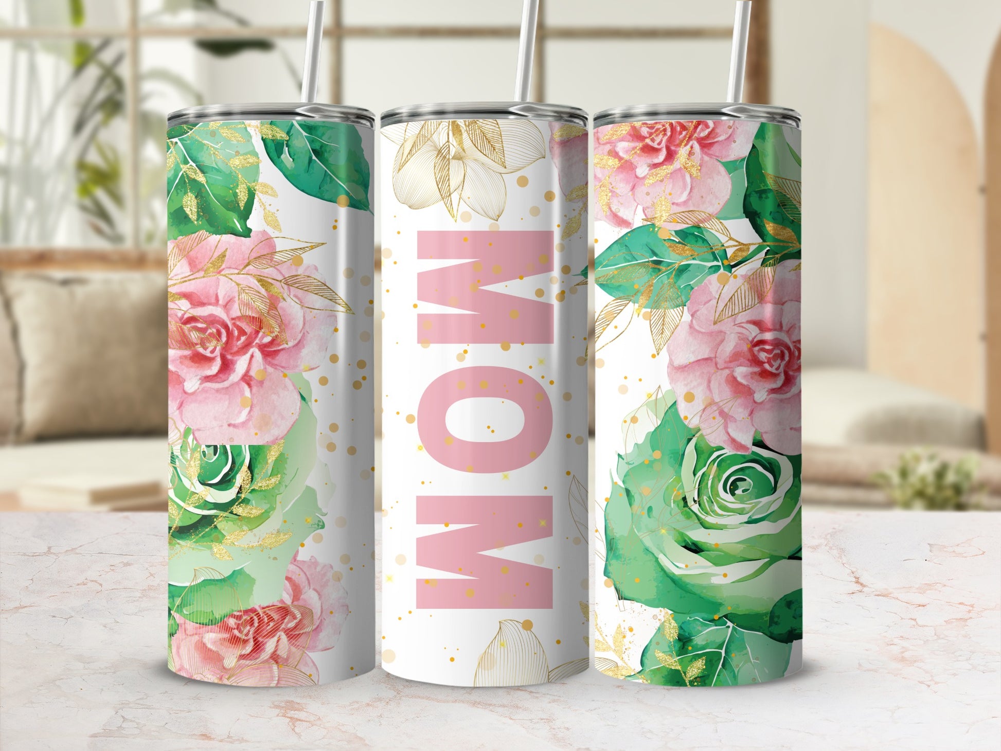 Floral Design MOM Print Insulated Tumbler with Straw