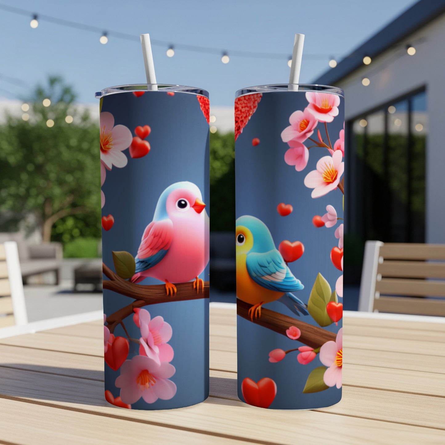 Two cartoon birds, one pink and one blue, sit on a branch with pink flowers and hearts.