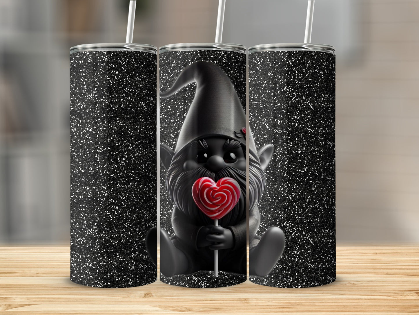 Sparkling Black Gnome with Red Heart Lollipop Tumbler